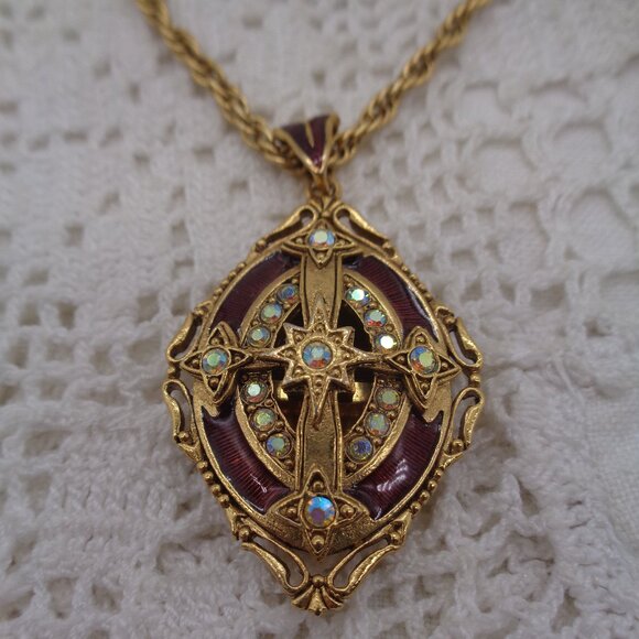 Vatican Library Enamel Cross Locket Pendant Necklace AB Rhinestones - Picture 2 of 7